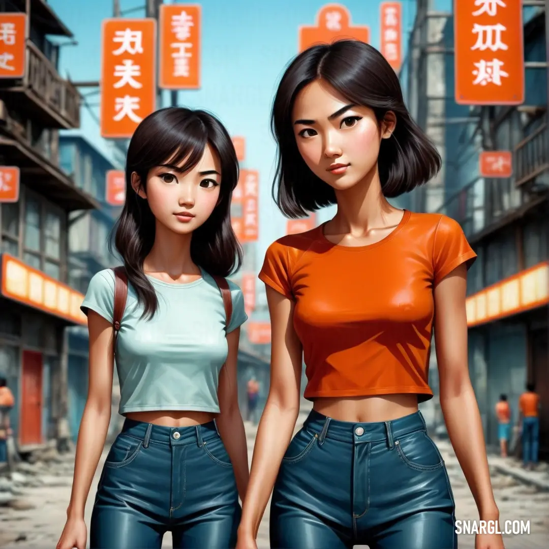 Two young women standing next to each other in front of a city street with chinese signs on the buildings. Example of RGB 176,224,230 color.