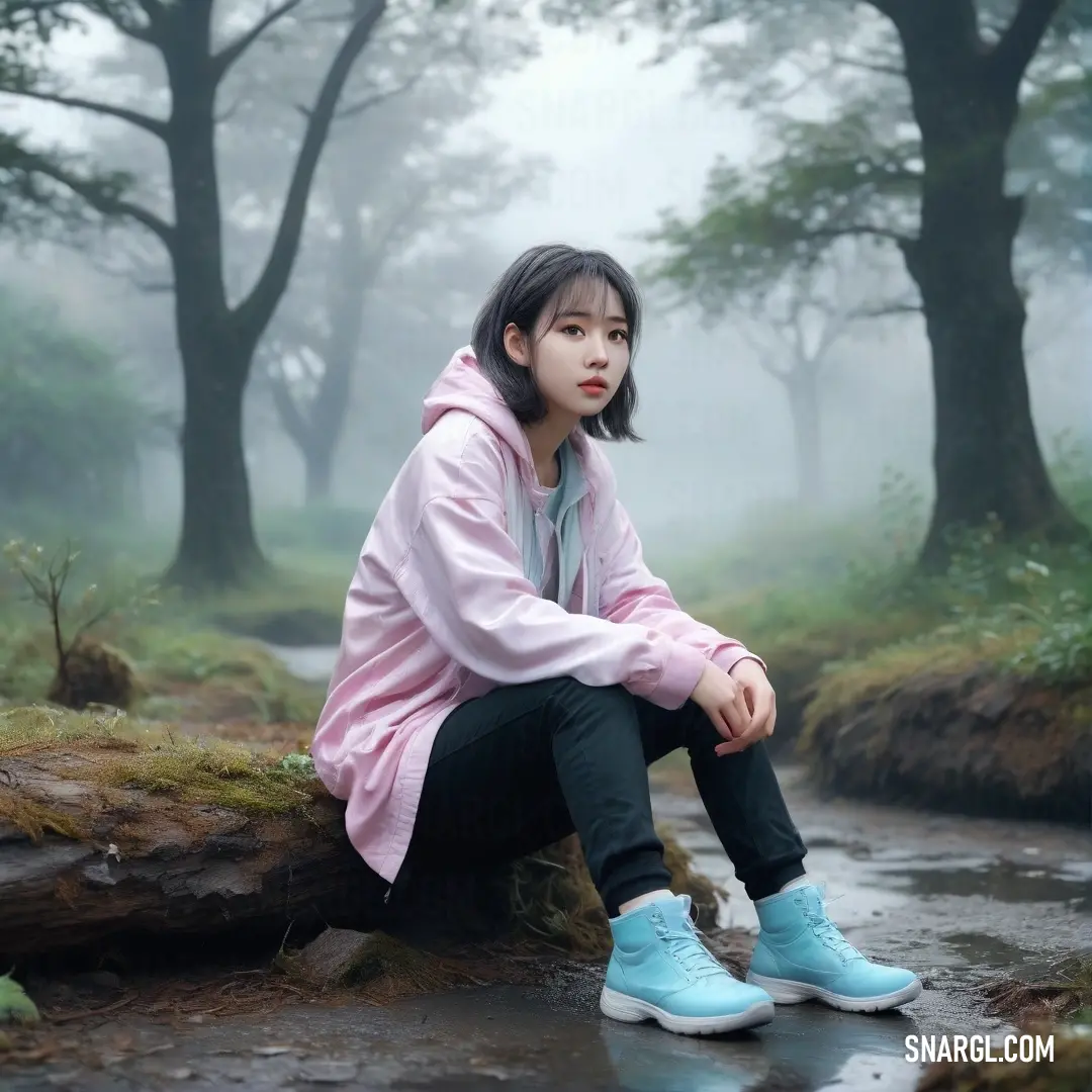 Powder blue color example: Woman on a log in a forest with foggy trees behind her and a stream running through the woods