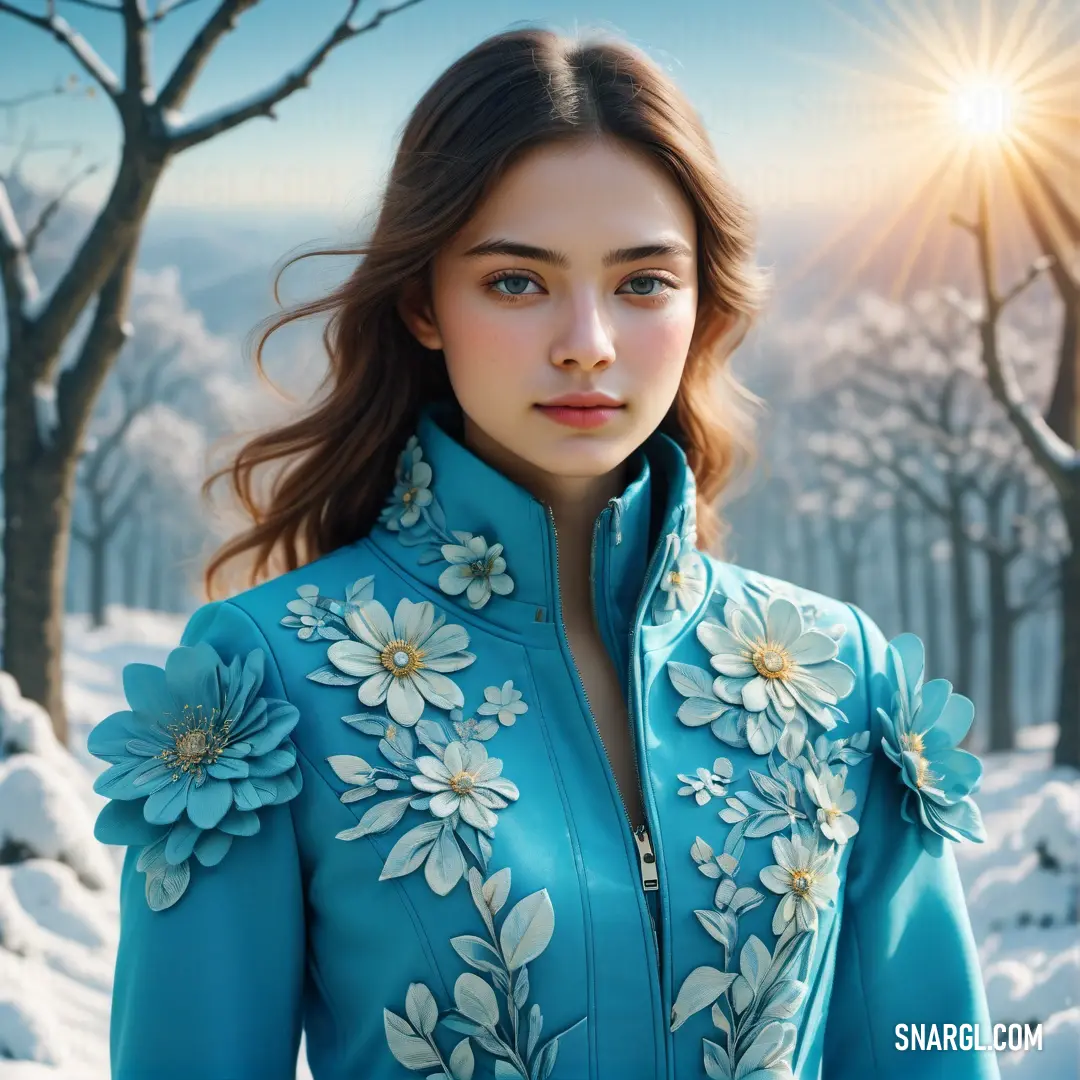Woman in a blue jacket standing in the snow with trees in the background. Color Powder blue.