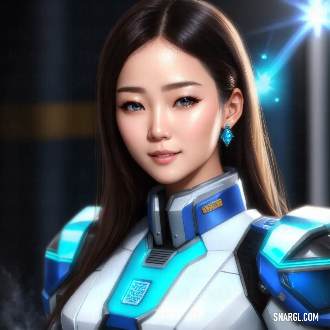 Woman in a futuristic suit with a blue light on her face and a black background with a star