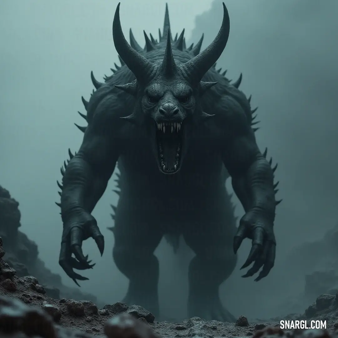 A fearsome Predafang, adorned with large horns and razor-sharp teeth, prowls through a foggy landscape, its menacing presence heightened by the jagged rocks and mist that surround it.