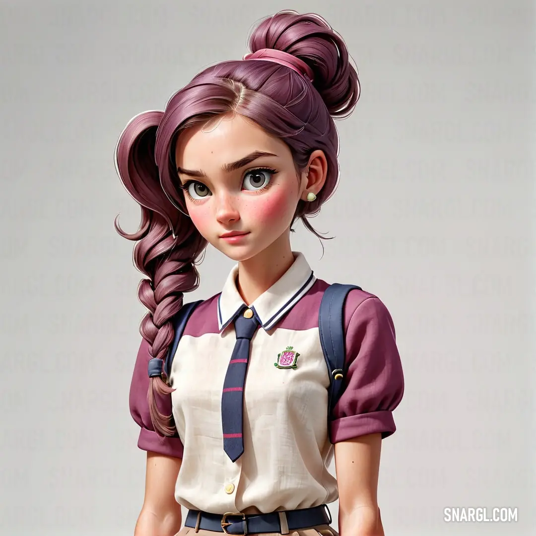 Cartoon girl with a ponytail and a school uniform with a tie on her head and a ponytail in her hair