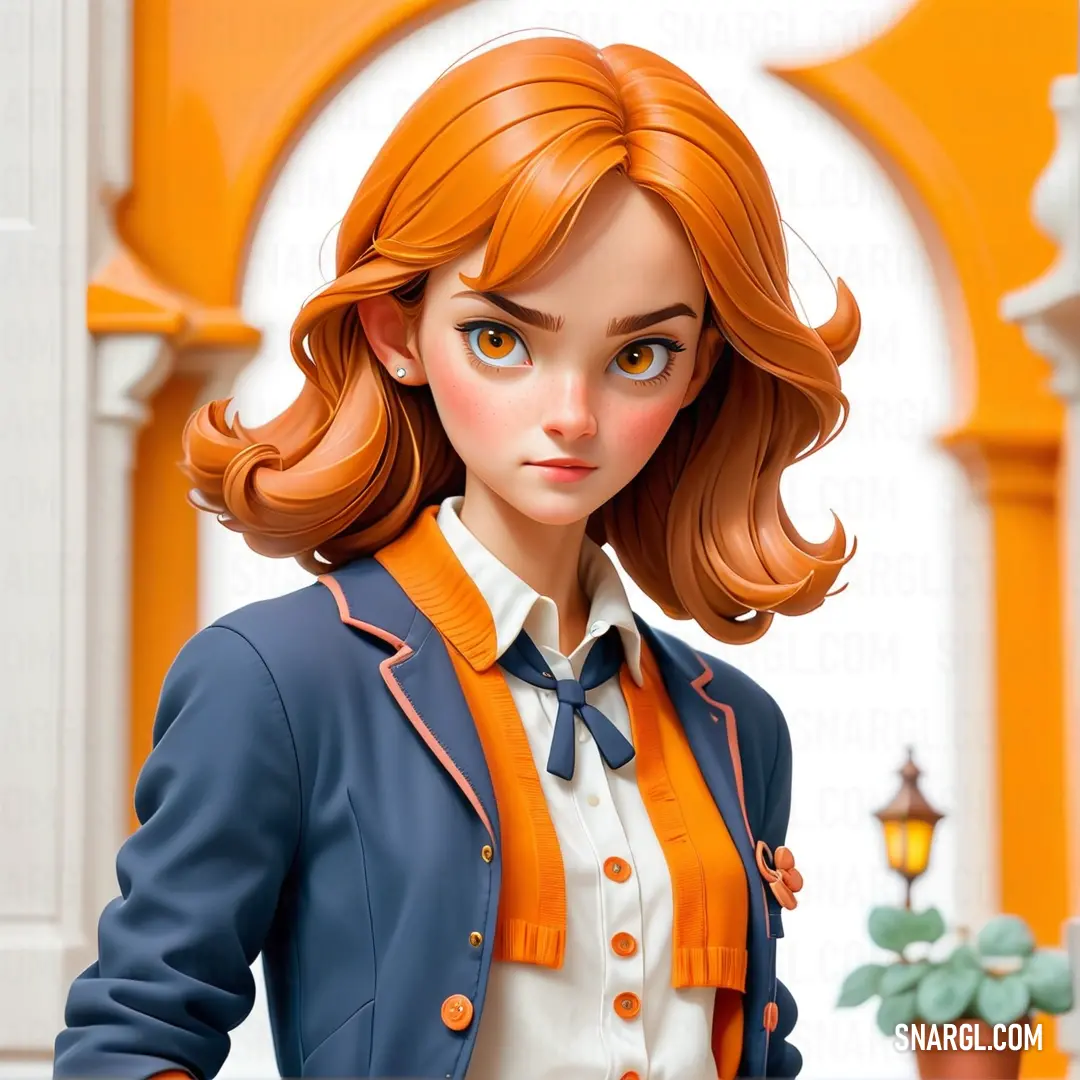 Cartoon girl with red hair and blue eyes wearing a blue jacket and orange scarf and a white shirt
