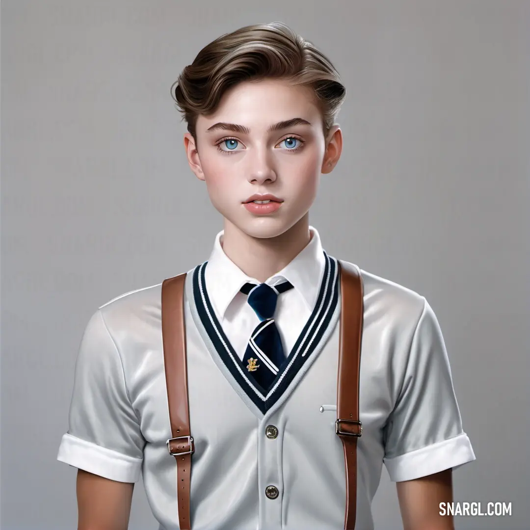 Digital painting of a young man wearing a white shirt and suspenders and a tie with a blue eye