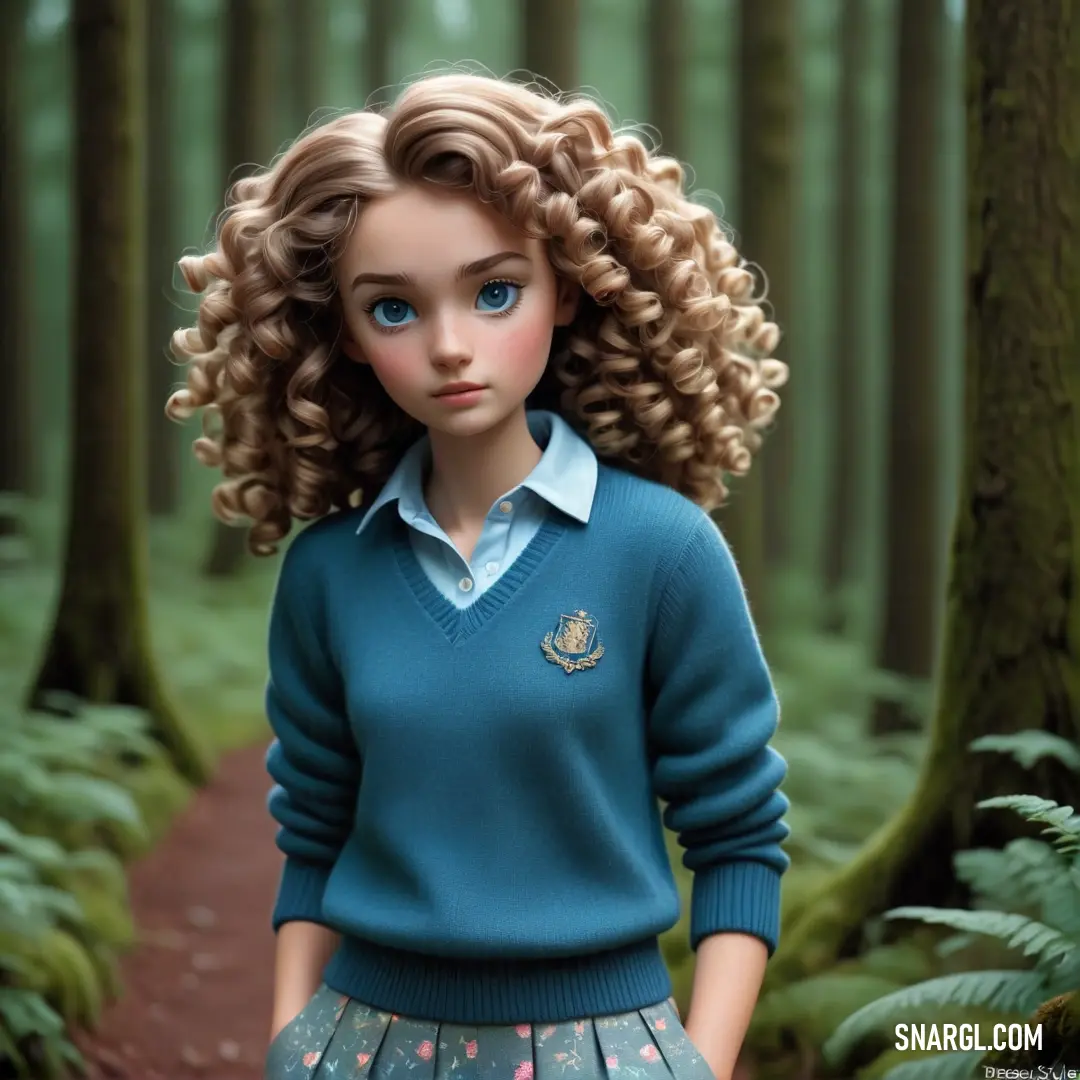 Doll with blonde hair standing in a forest with ferns and trees in the background