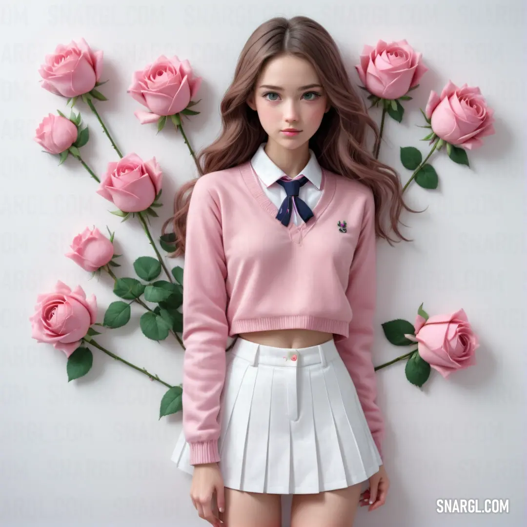 Girl in a pink sweater and white skirt standing next to a bunch of pink roses with a blue ribbon