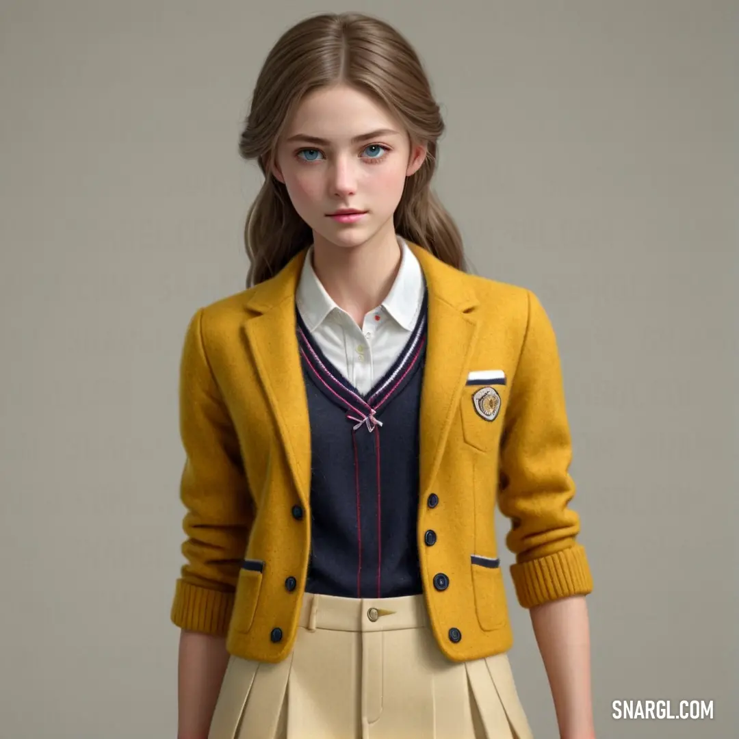 Girl in a yellow jacket and skirt is standing in front of a gray background