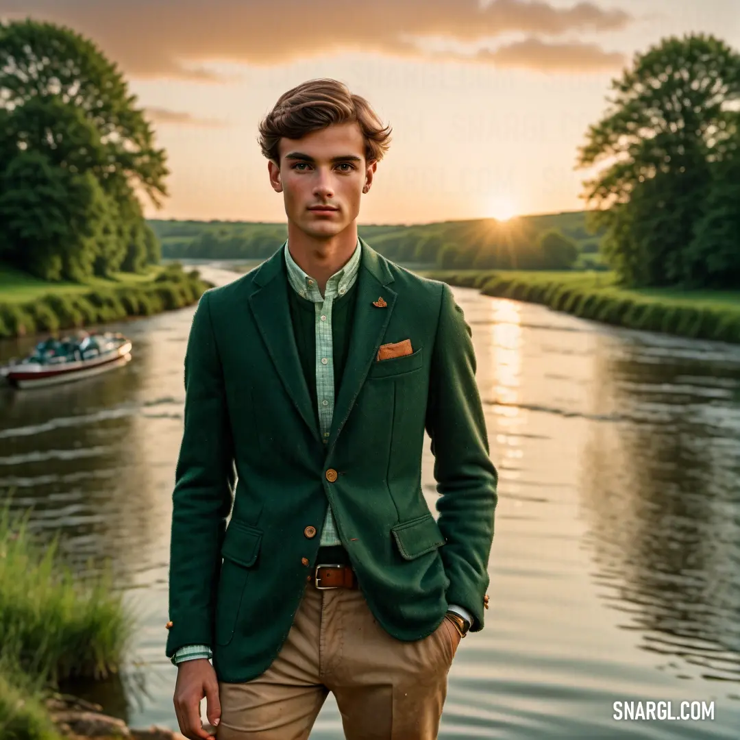 Man in a green jacket standing next to a river at sunset with a boat in the background