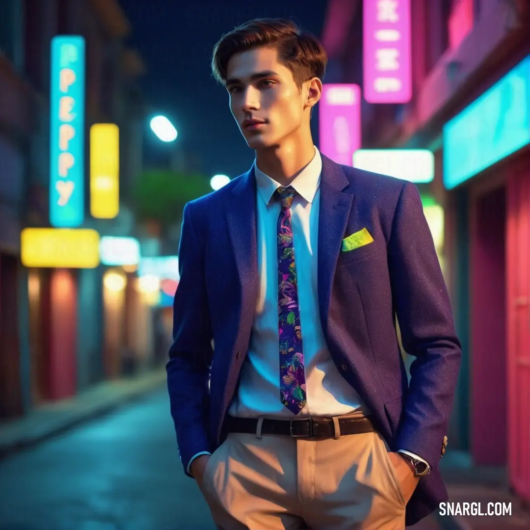 Man in a suit and tie standing on a street at night with neon signs behind him