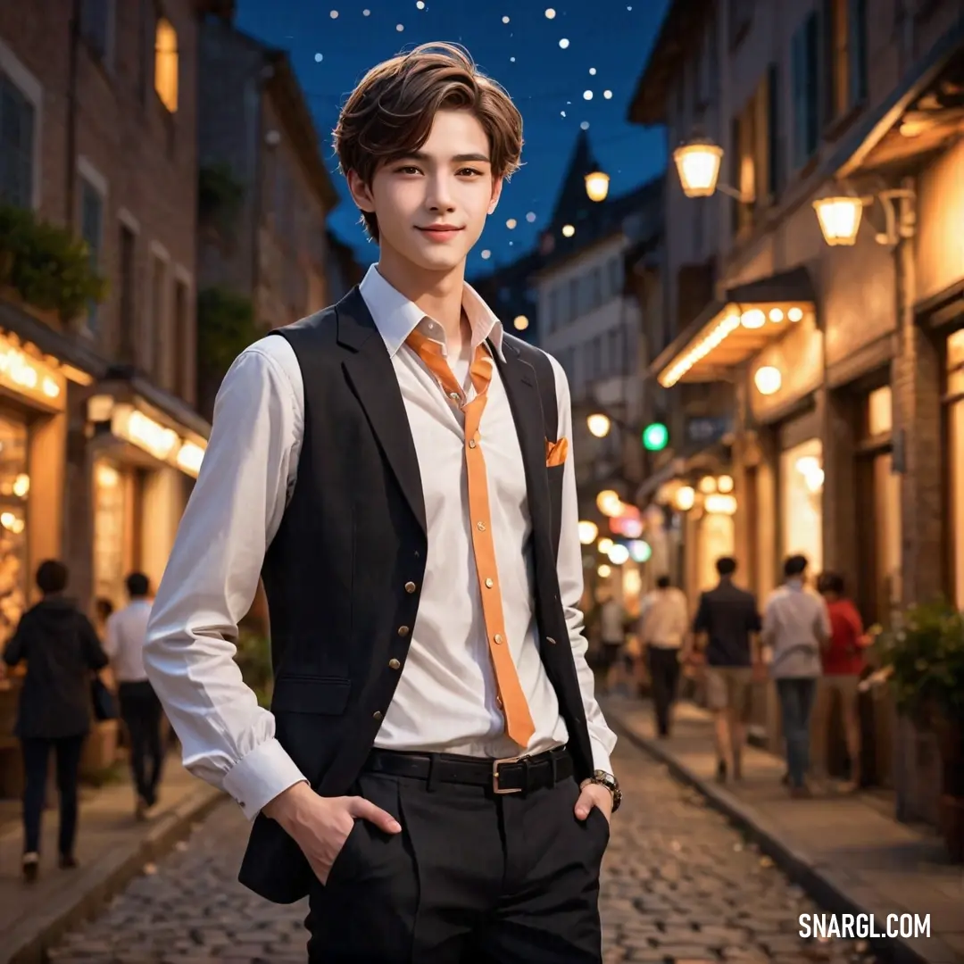 Man in a suit and tie standing on a street at night with people walking around him and a star in the sky