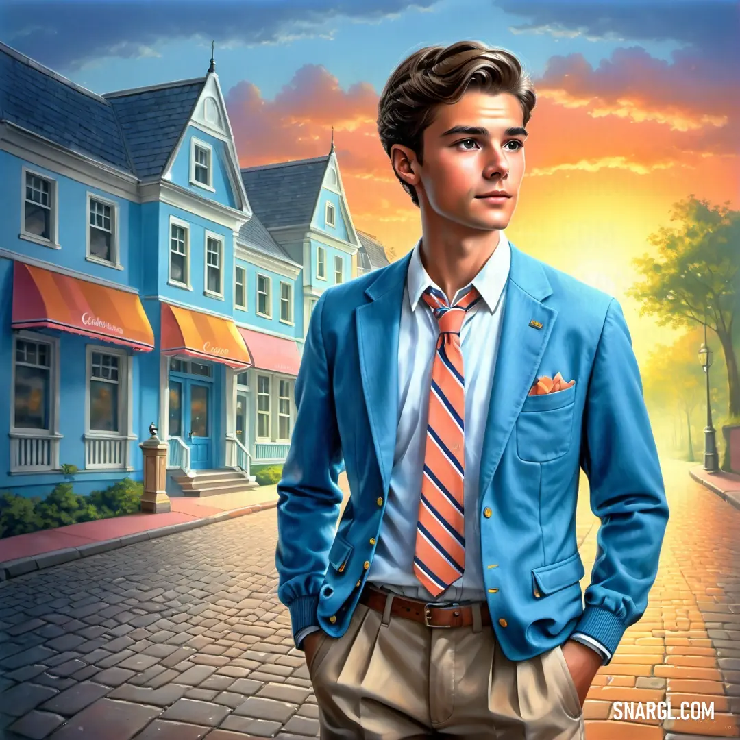 Man in a suit and tie standing in front of a street with houses and a sunset in the background