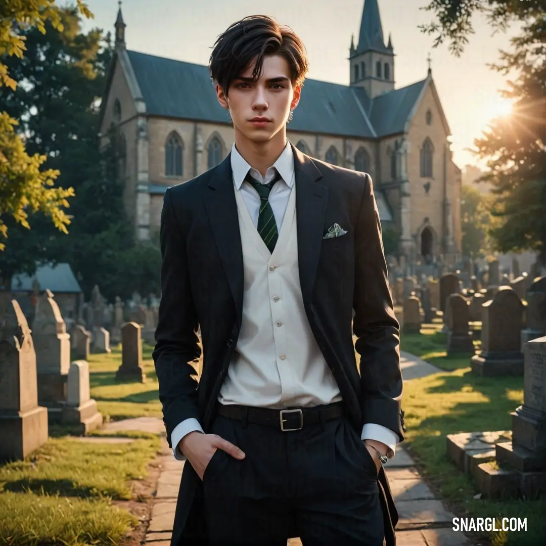 Man in a suit standing in front of a cemetery with a church in the background