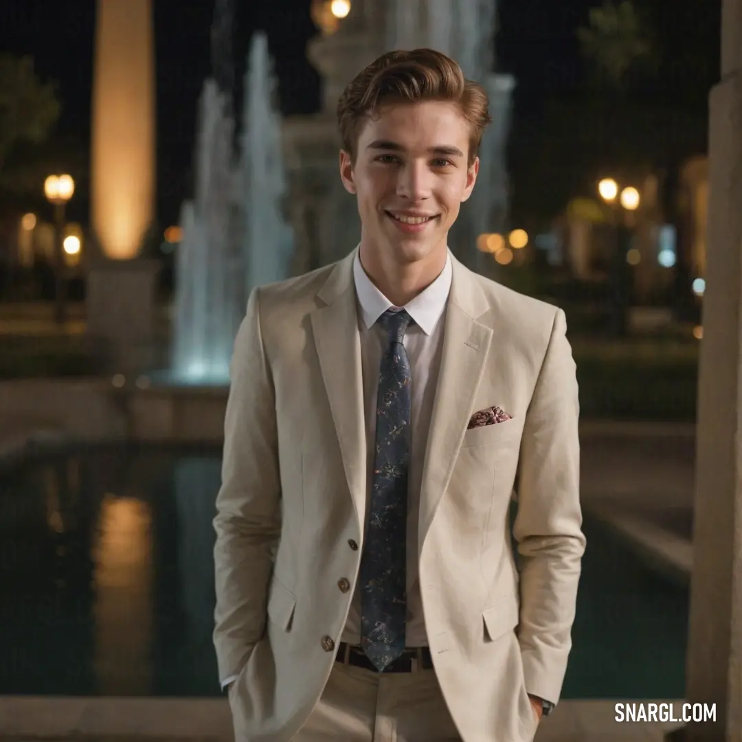Man in a suit standing in front of a fountain at night with a smile on his face and a tie on