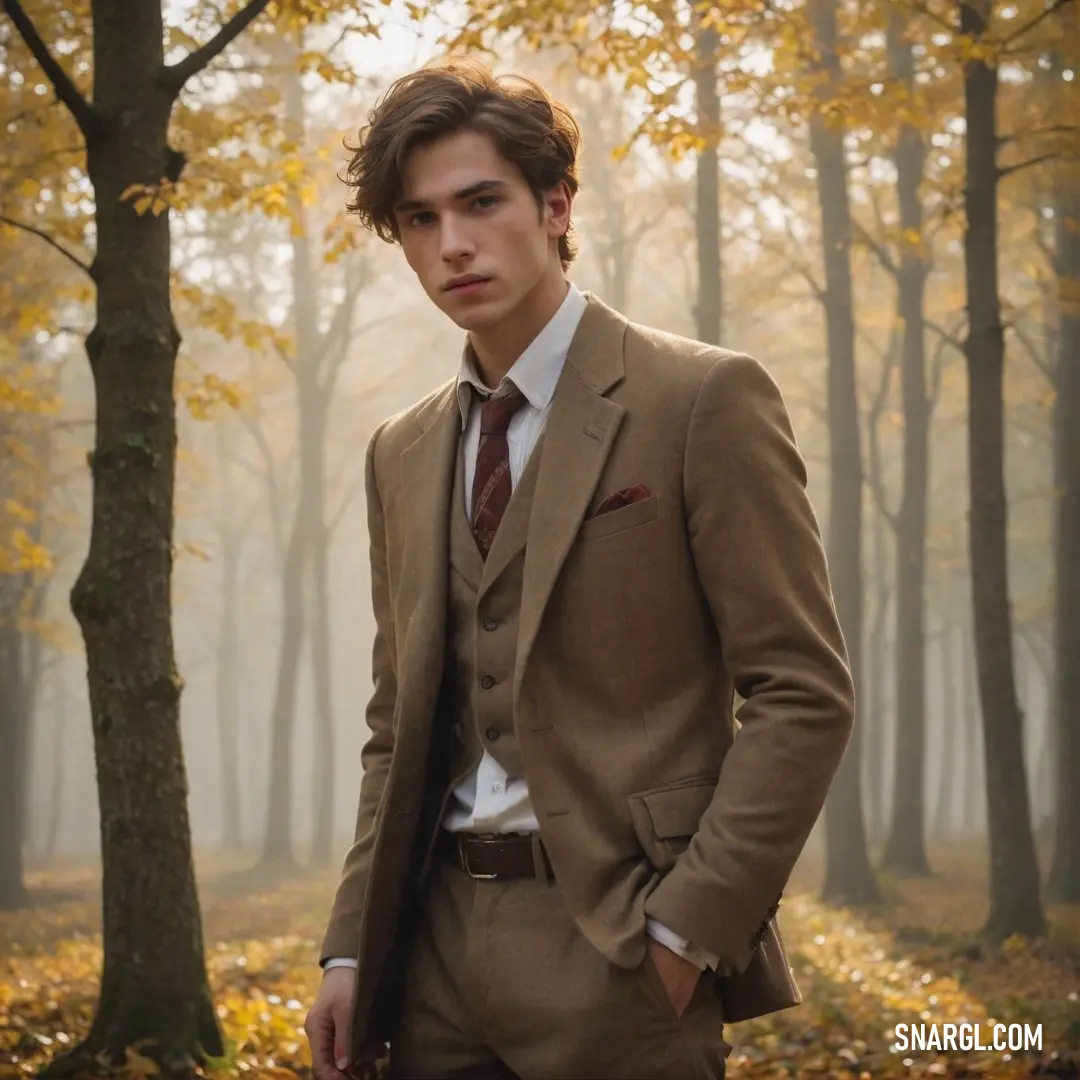 Man in a suit standing in a forest with trees in the background