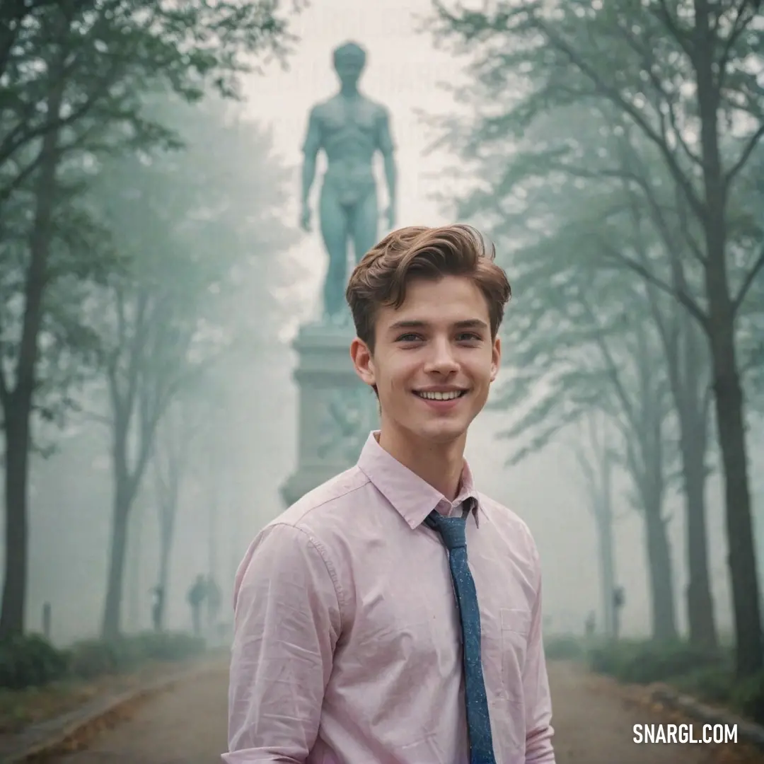 Man in a tie standing in front of a statue of a man in a park with trees and fog