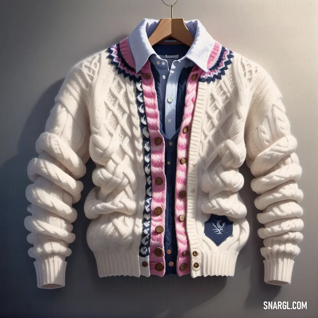 White sweater with a pink and blue stripe on it and a white jacket with a blue stripe on it