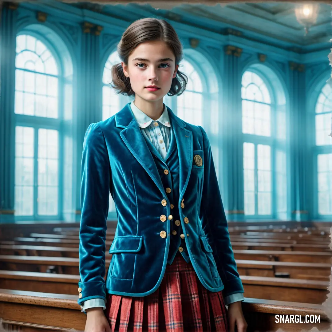 Woman in a blue jacket and red skirt standing in a room with rows of wooden pews and windows