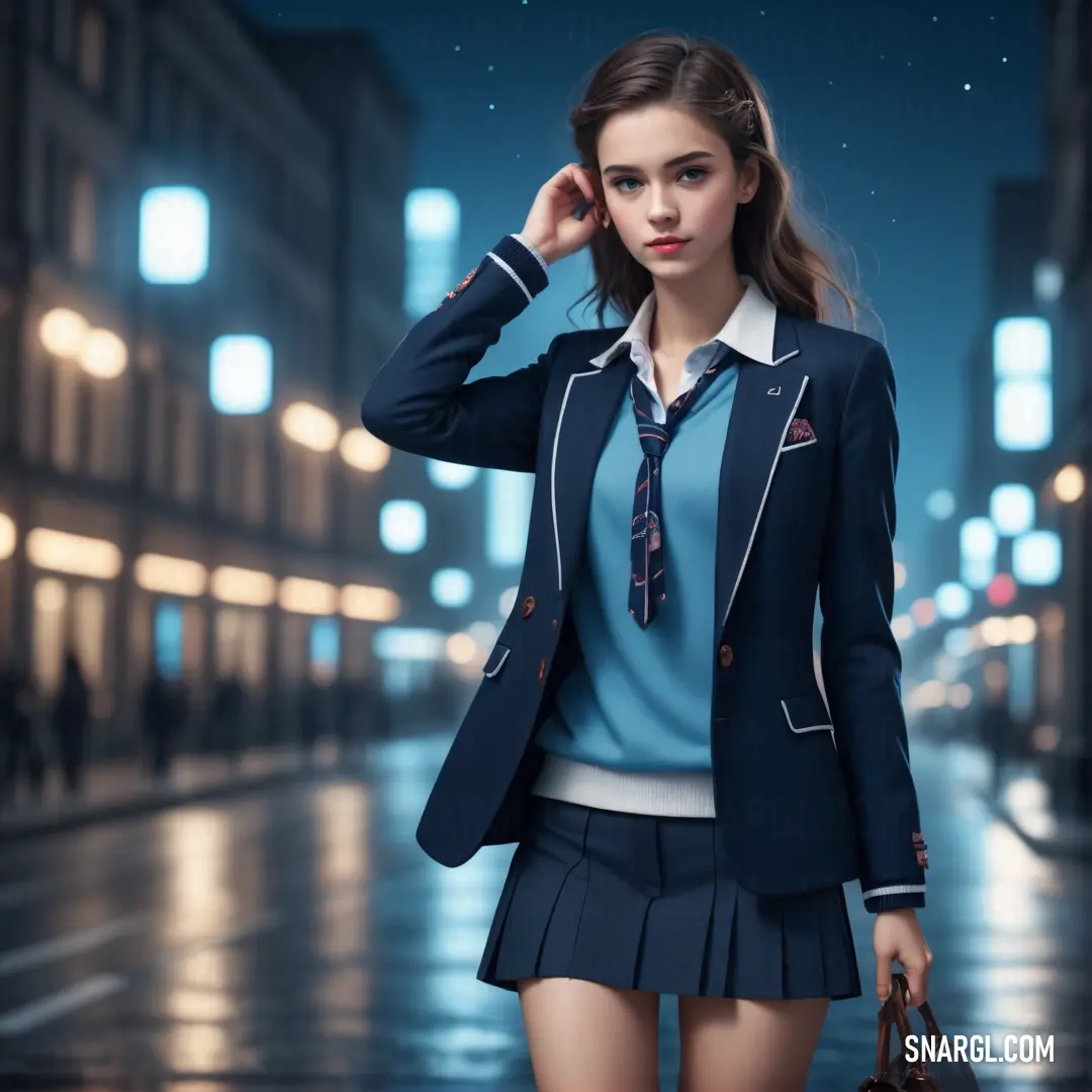 Woman in a blue shirt and skirt is walking down the street at night with a handbag in her other hand