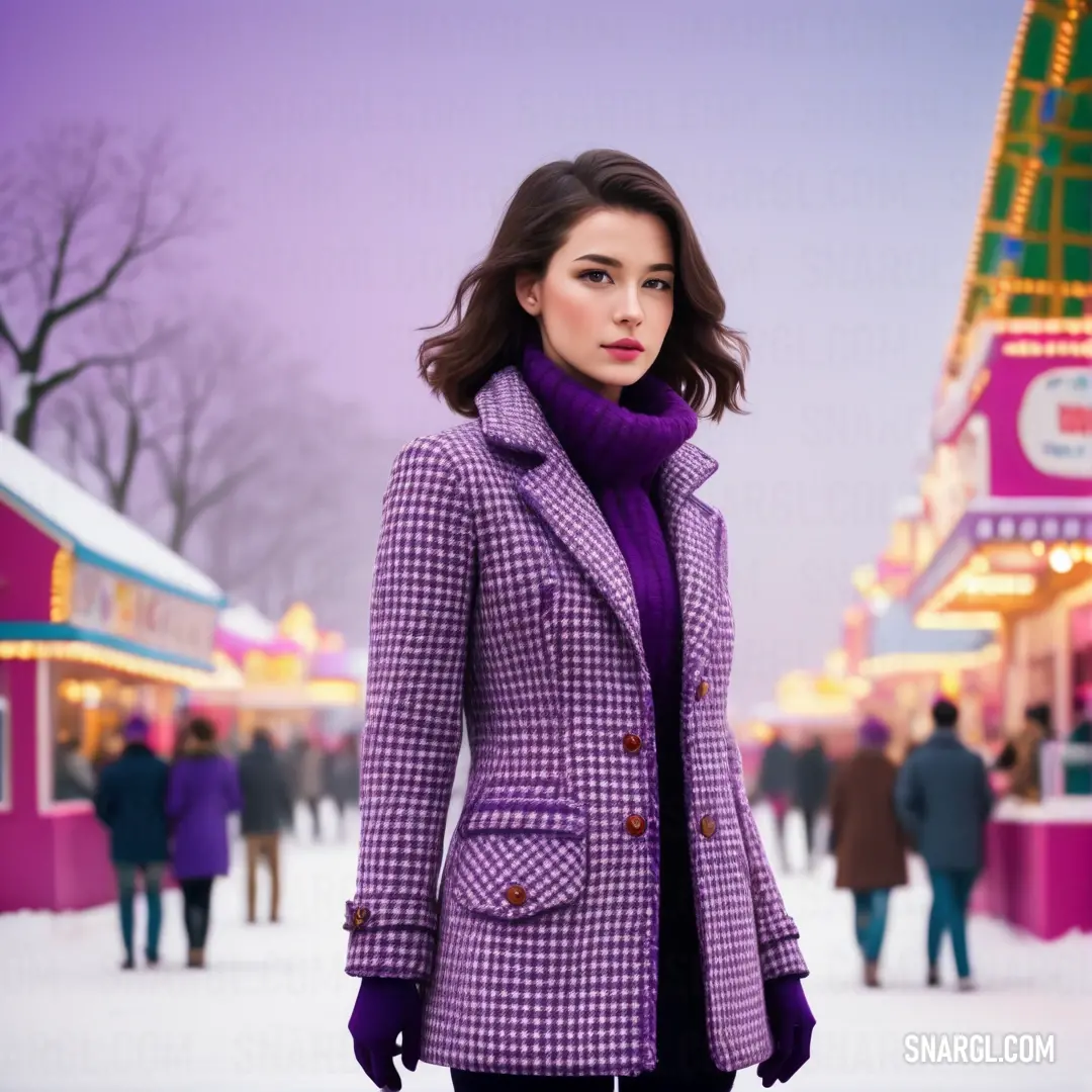 Woman in a purple coat and purple scarf standing in the snow in front of a carnival ride at night