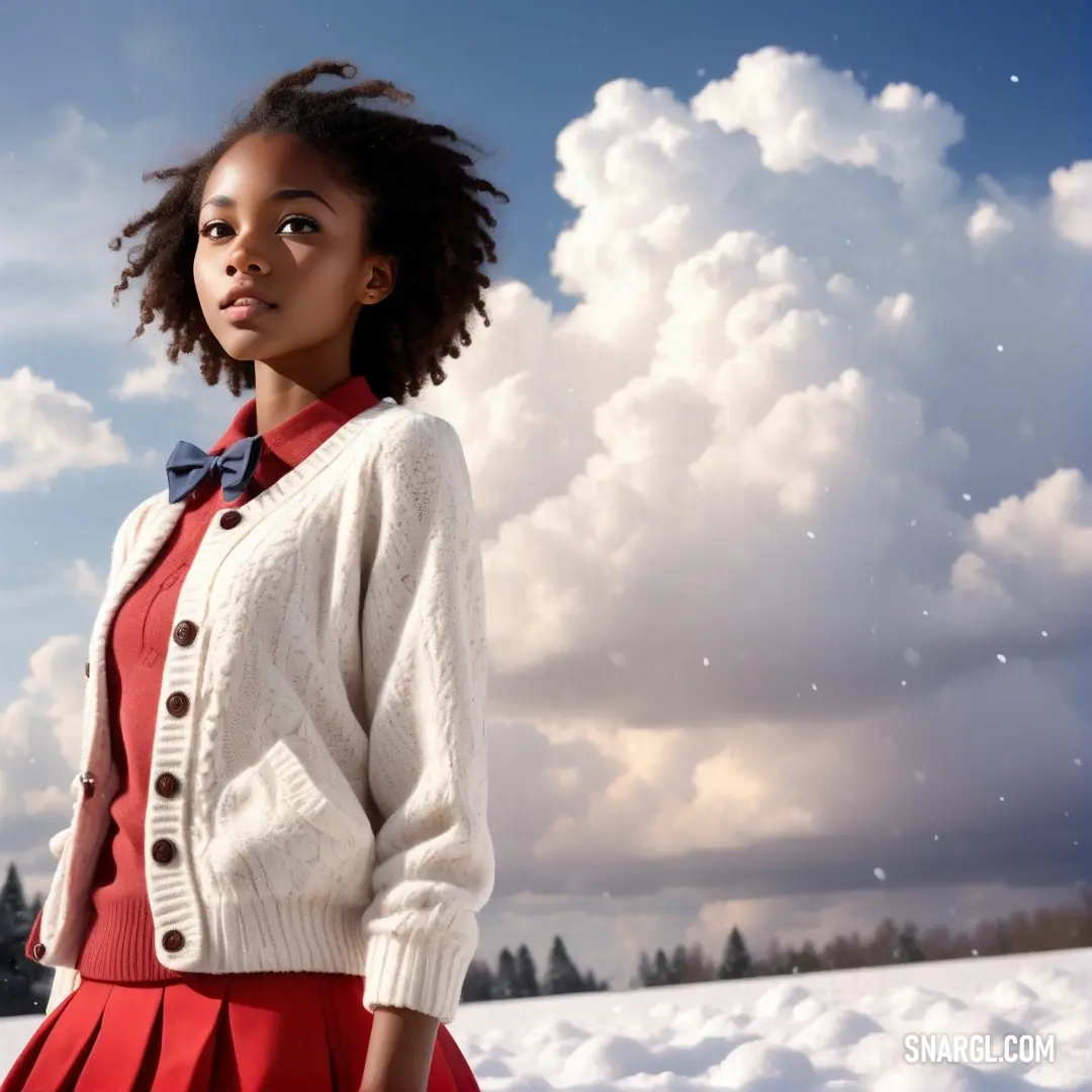 Woman in a red dress and a white cardigan sweater and a bow tie standing in the snow