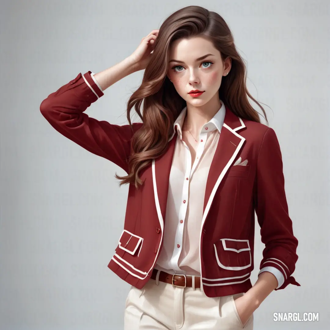 Woman in a red jacket and white pants posing for a picture with her hands on her head