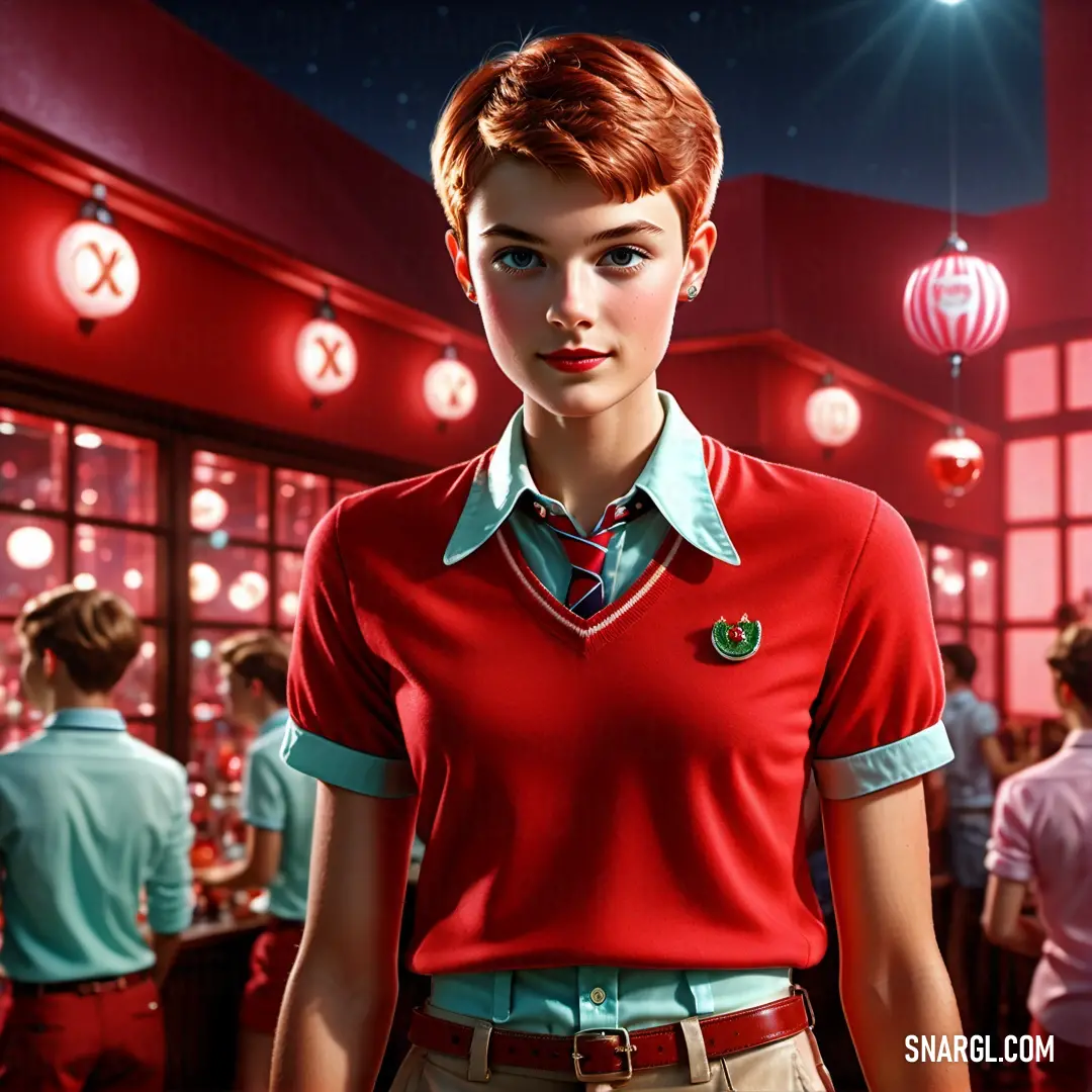 Woman in a red shirt and tie standing in a room with people in it