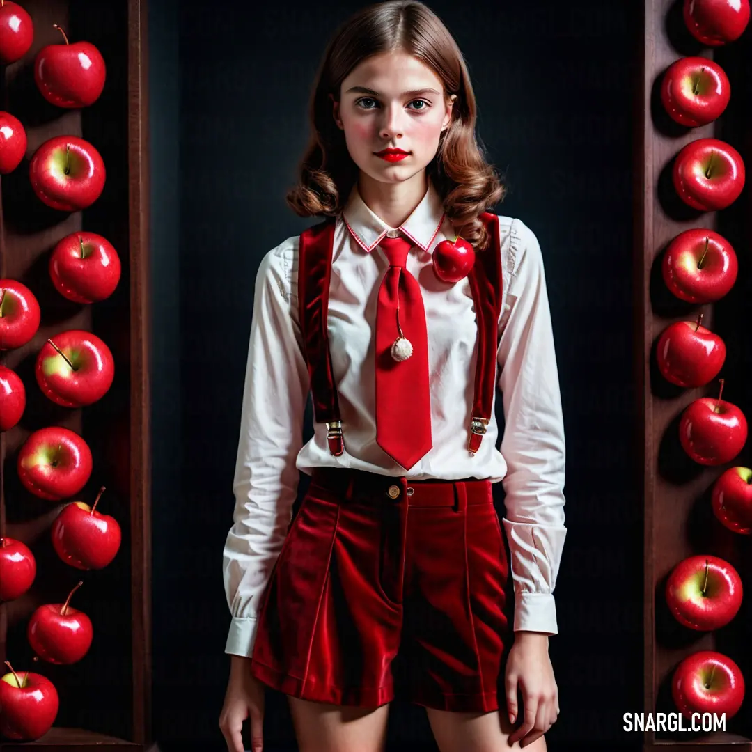 Woman in a red skirt and suspenders standing in front of a wall of apples with a red bow tie