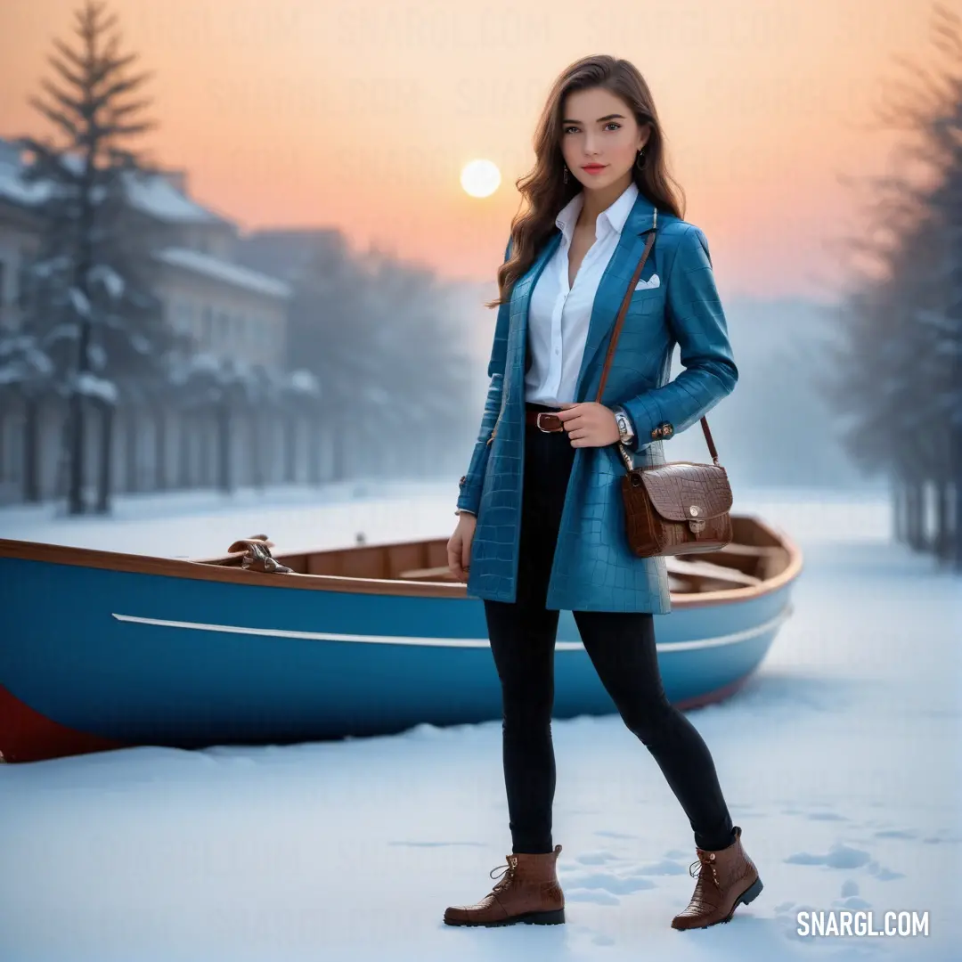Woman standing in front of a boat in the snow with a purse on her shoulder