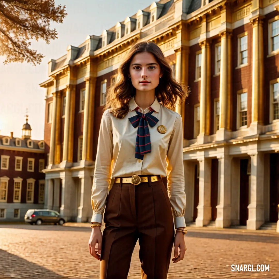 Woman standing in front of a building wearing a tie and pants with a gold shirt