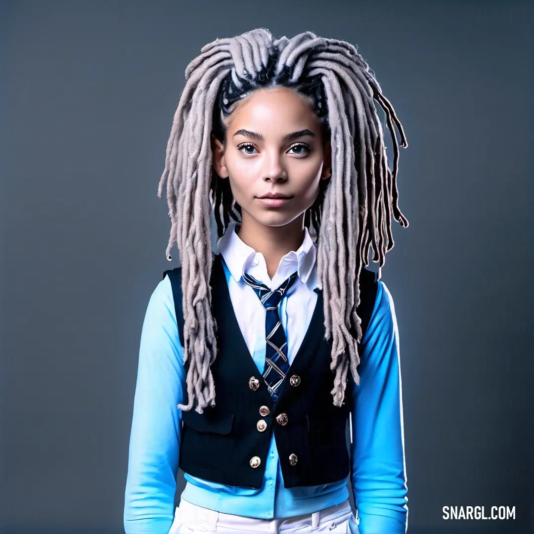 Woman with dreadlocks and a tie on her head is posing for a picture in a blue shirt and white pants