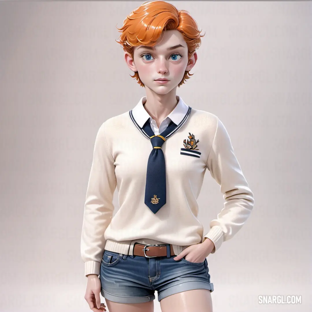 Woman with red hair wearing a tie and shorts