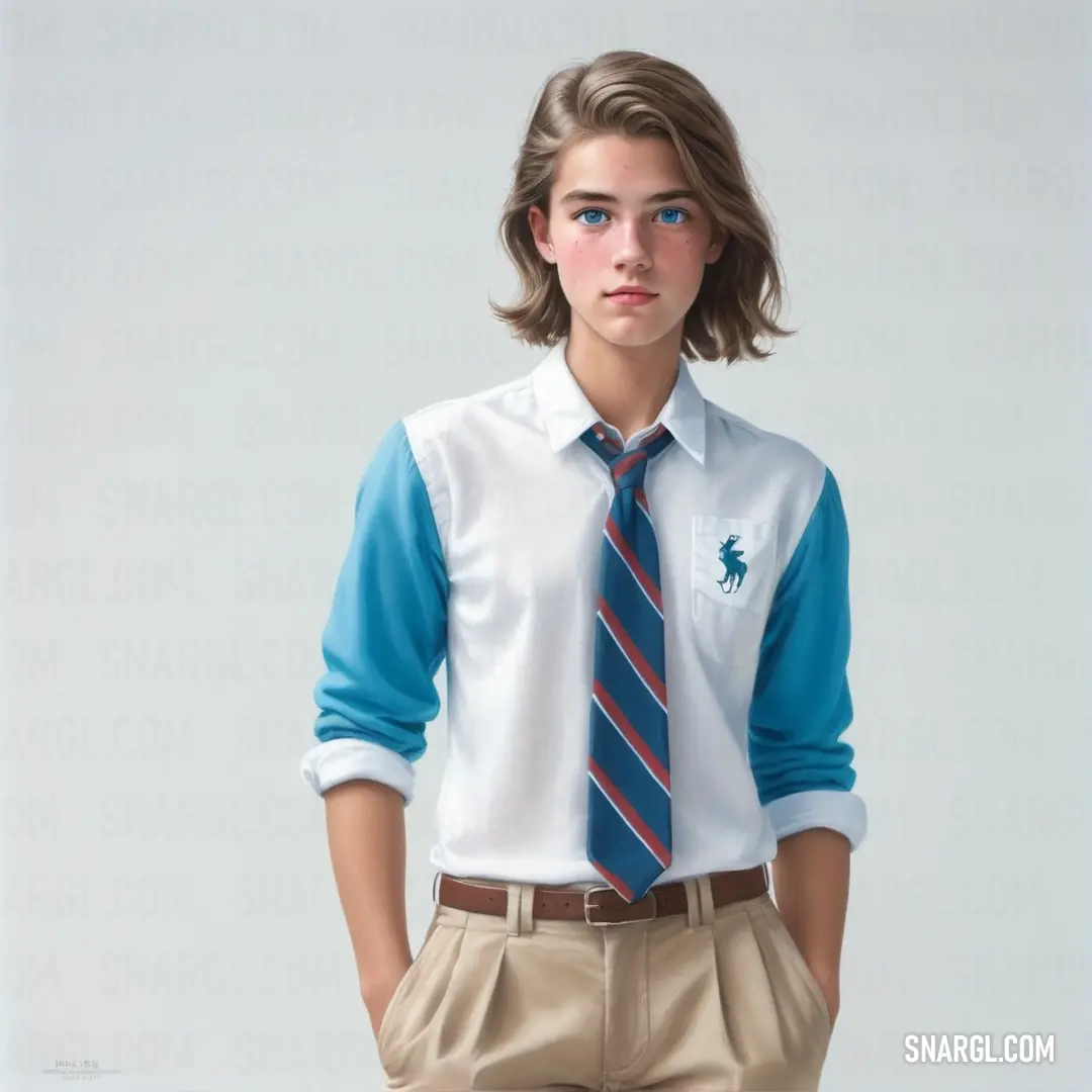 Young boy wearing a shirt and tie with a blue and white shirt and khaki pants and a tan belt