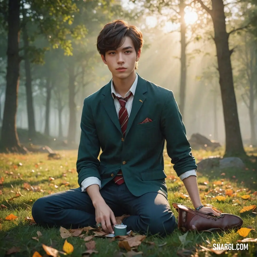 Young man on the ground in a forest with a cup of coffee in his hand and a suit jacket on