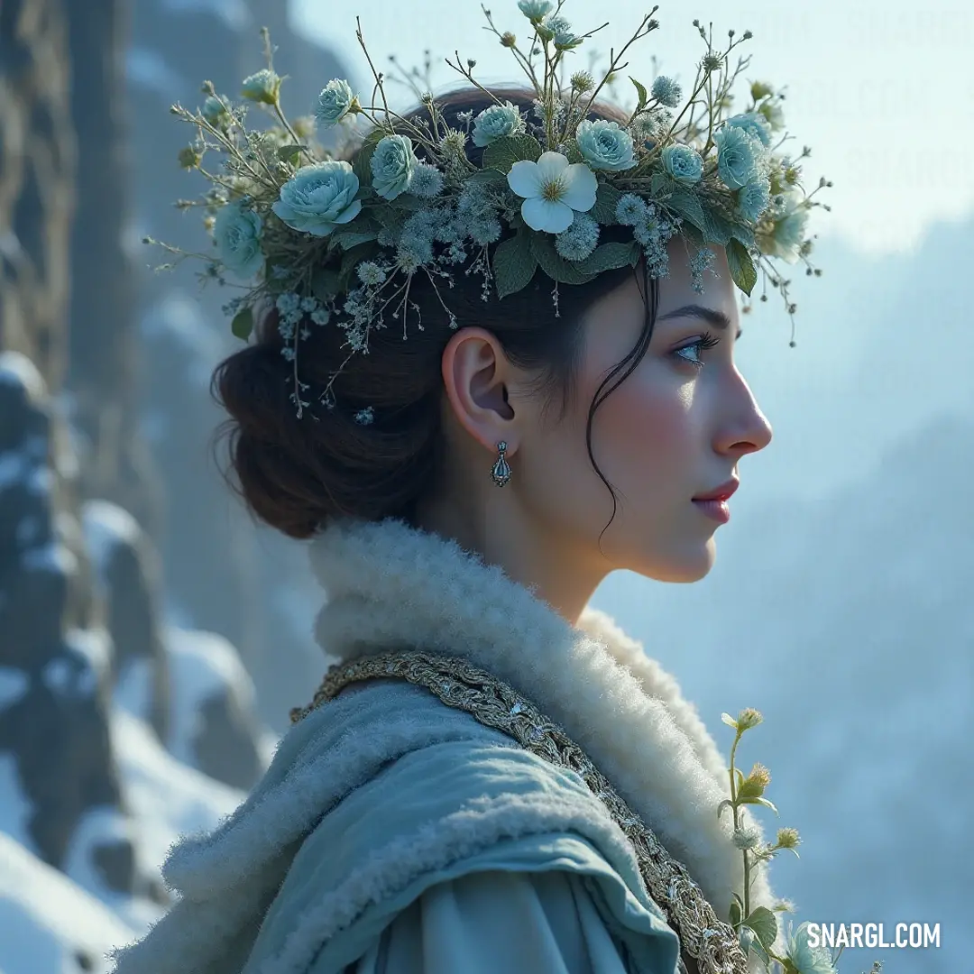 With a delicate wreath of flowers adorning her head, the Priestess of Delphi dons a flowing blue dress with a luxurious fur collar. This enchanting figure embodies tranquility and timeless elegance, radiating a warmth that defies the chill of the white fu