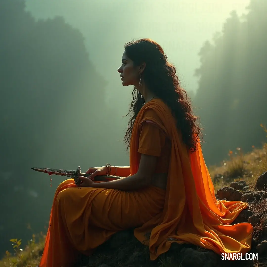 The Priestess of Delphi, clad in a sun-kissed yellow dress, stands atop a hill with a sword gripped tightly in her hand. The forest stretches behind her, echoing the strength and wisdom of ages past, symbolizing the connection between divine insight and e