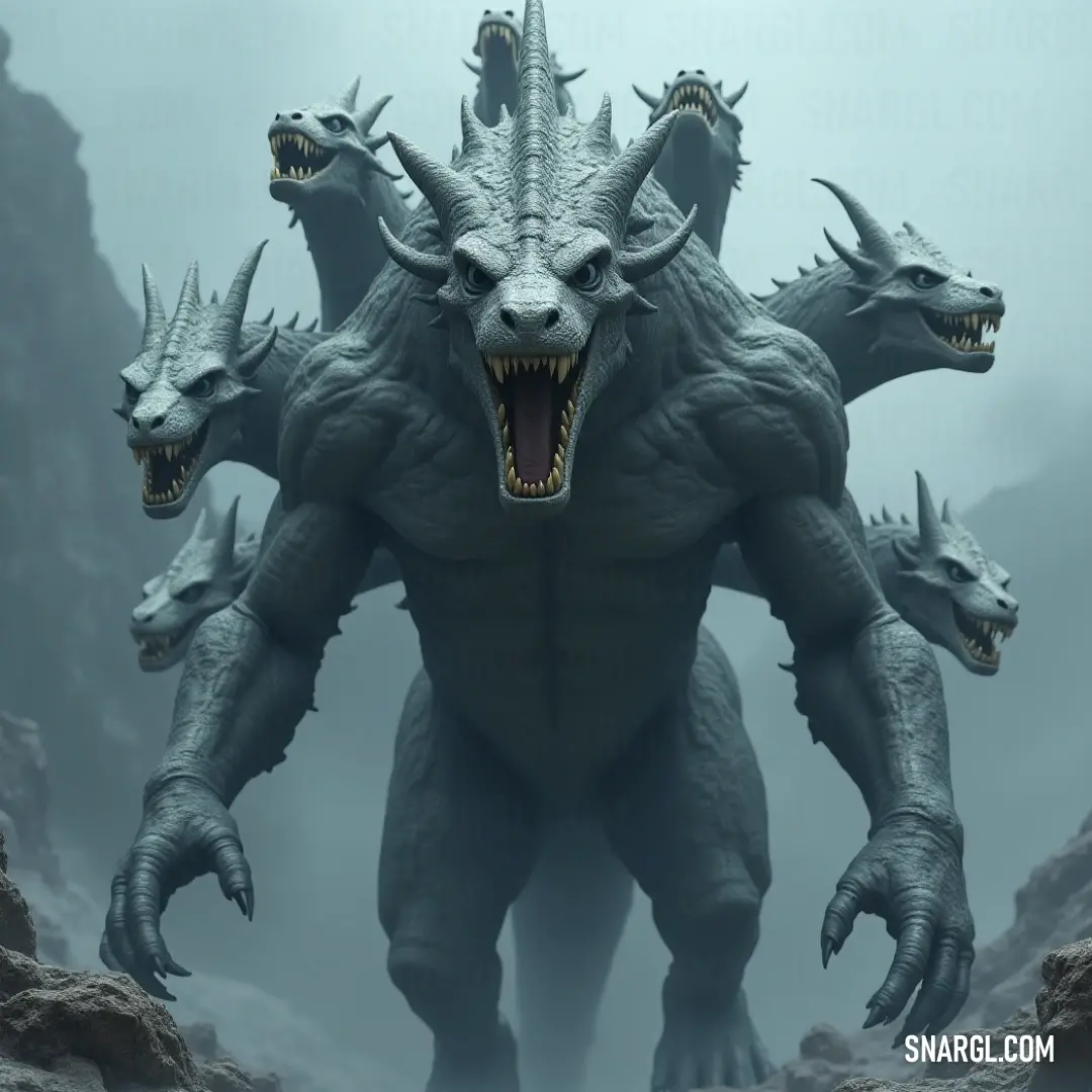 A gigantic Primeval Hydra opens its mouth wide, exposing menacing teeth and exuding an aura of ancient terror and unstoppable strength. A colossal, primeval Hydra with its mouth wide open, showcasing its terrifying rows of sharp teeth. The creature’s monstrous presence dominates the scene, giving an impression of immense power and an ancient myth come to life.