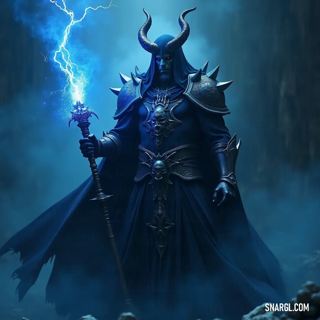 In a blue costume, the Prince of Darkness holds a staff and a crackling lightning bolt, his intense power evident as the storm rages around him, lighting up the dark sky. The Prince of Darkness stands in a striking blue costume, holding a staff and a lightning bolt, both crackling with energy. His gaze is fierce, and the stormy atmosphere around him reflects the power he commands.