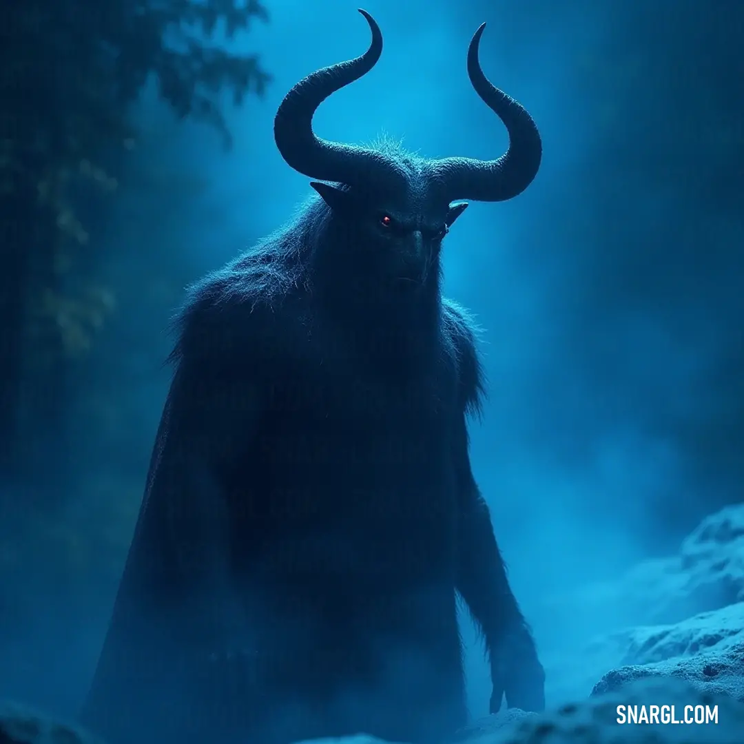 The Horned Prince of Darkness walks through a fog-filled forest at night, evoking a sense of dread with his intimidating large horns and sinister red eyes as he blends with the mysterious atmosphere. A sinister figure, the Horned Prince of Darkness, strides through an eerily fog-laden forest at night, his large horns accentuating his menacing presence. Red eyes glow ominously, piercing through the surrounding mist as shadows dance around him.