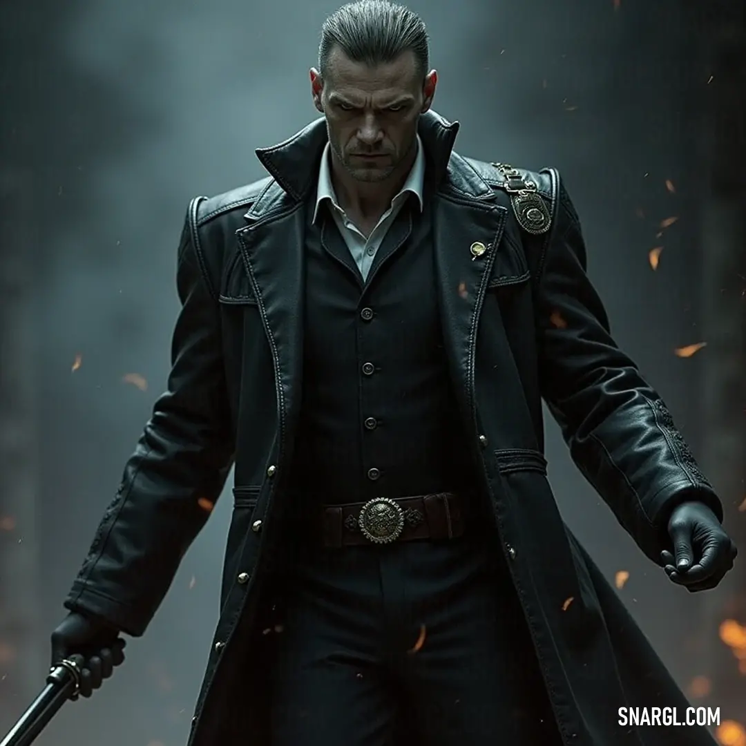 The enigmatic Prince of Darkness, draped in a trench coat, brandishes a gun in one hand, while an intense flame flickers in the background, creating a thrilling sense of danger and intrigue that envelops the scene.