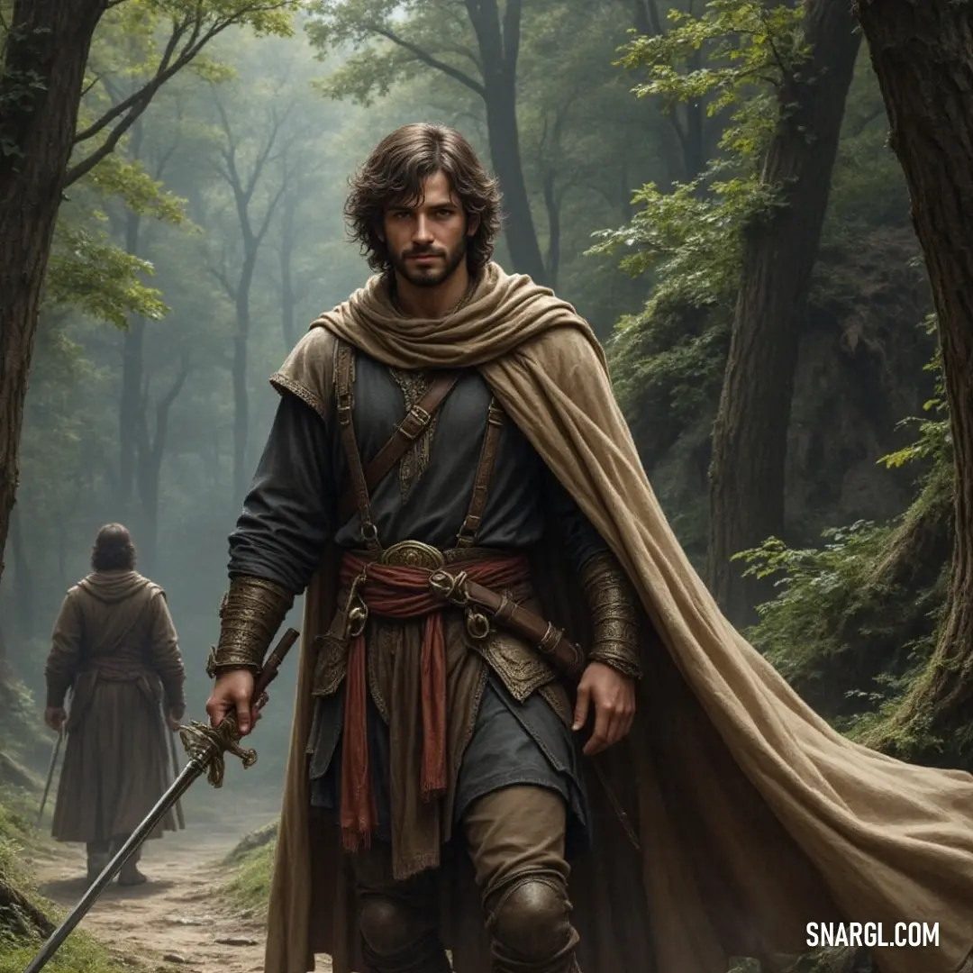 A noble warrior traverses a lush forest, carrying both sword and shield, his determined stance embodying the spirit of adventure and the promise of epic quests within nature's embrace. A gallant warrior strides through a verdant forest, enveloped in dappled sunlight, wielding a sword and shield, his silhouette portraying a blend of bravery and readiness for any challenge that may arise.
