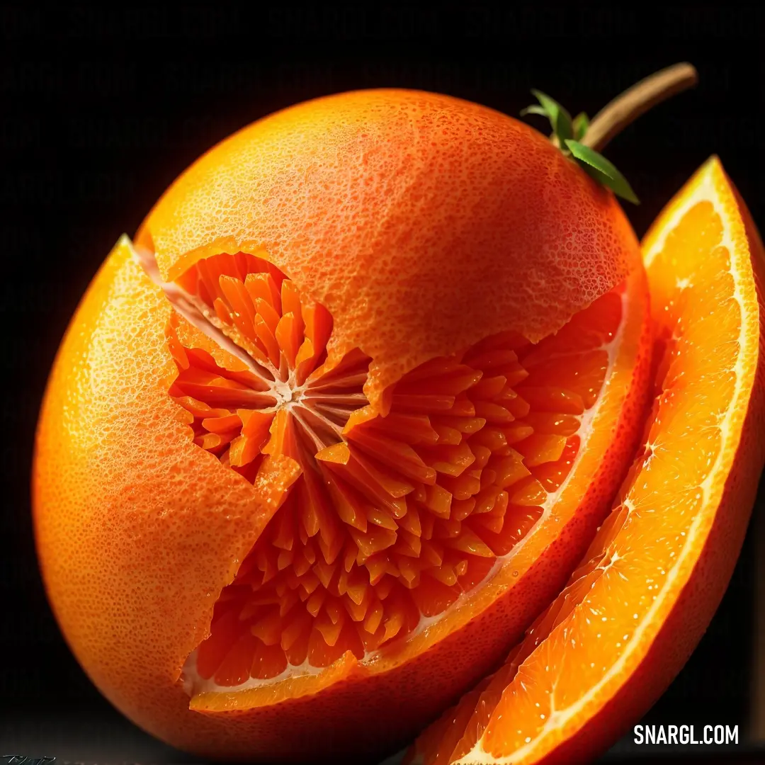 Close up of a grapefruit cut in half with a flower on top of it and a leaf on the side