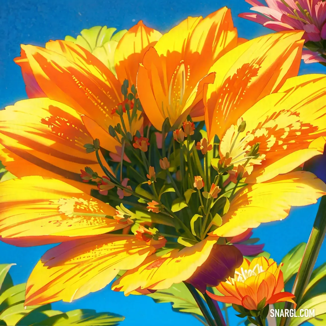 Close up of a yellow flower with a blue sky background behind it and a few green leaves on the bottom