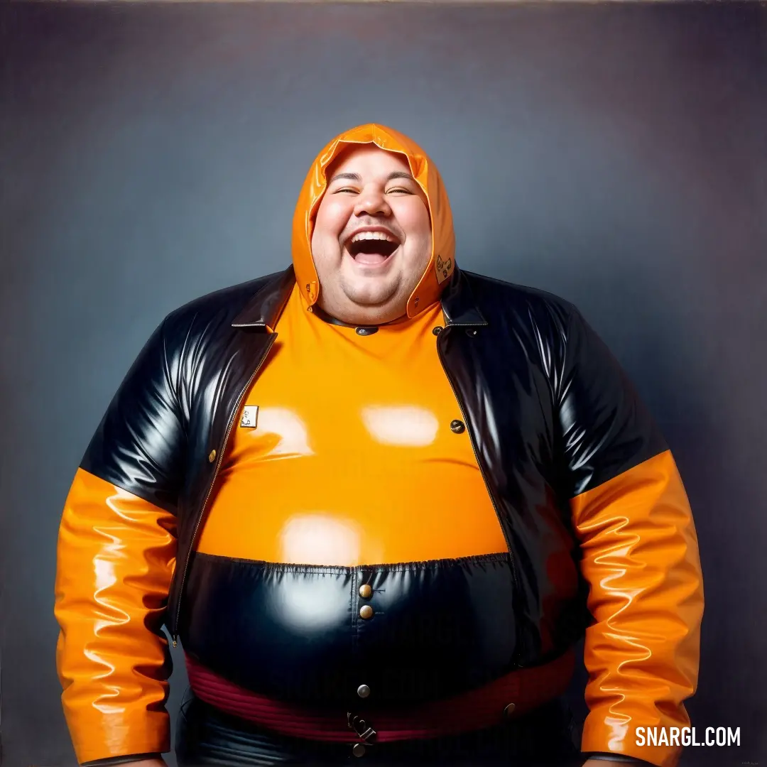 Princeton orange color example: Fat woman in a leather jacket and rubber pants is laughing and posing for a picture with her mouth open
