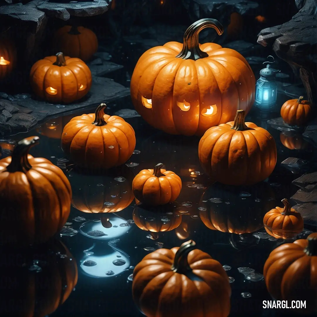 Group of pumpkins on top of a table next to a candle holder and a bottle of wine. Color CMYK 0,44,100,0.