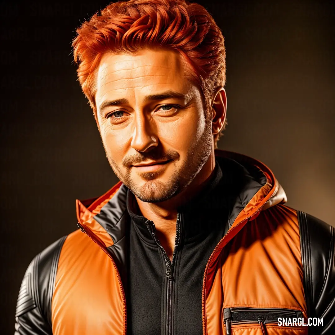 Princeton orange color. Man with red hair and a leather jacket on posing for a picture in a black background