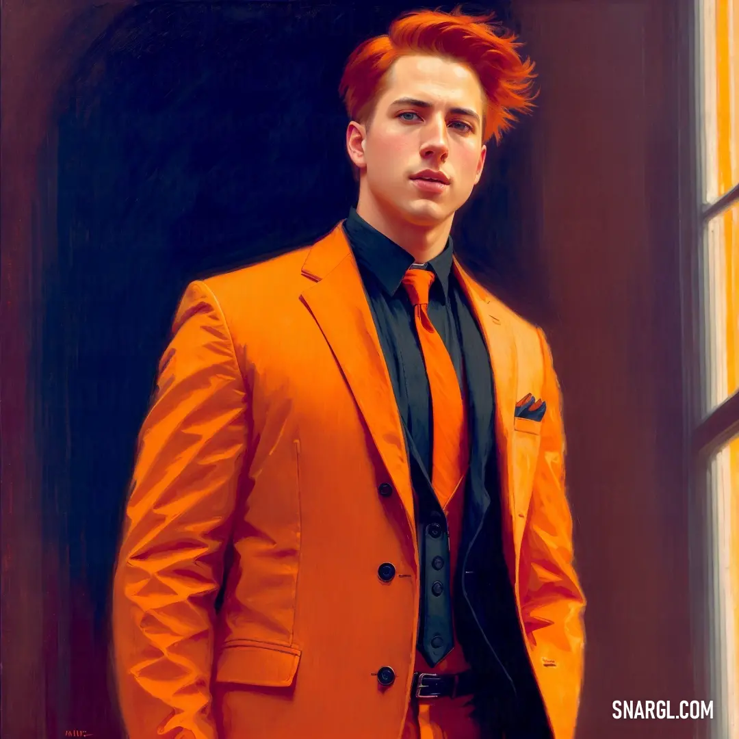 Painting of a man in an orange suit and tie standing in front of a window with a black shirt. Example of RGB 255,143,0 color.