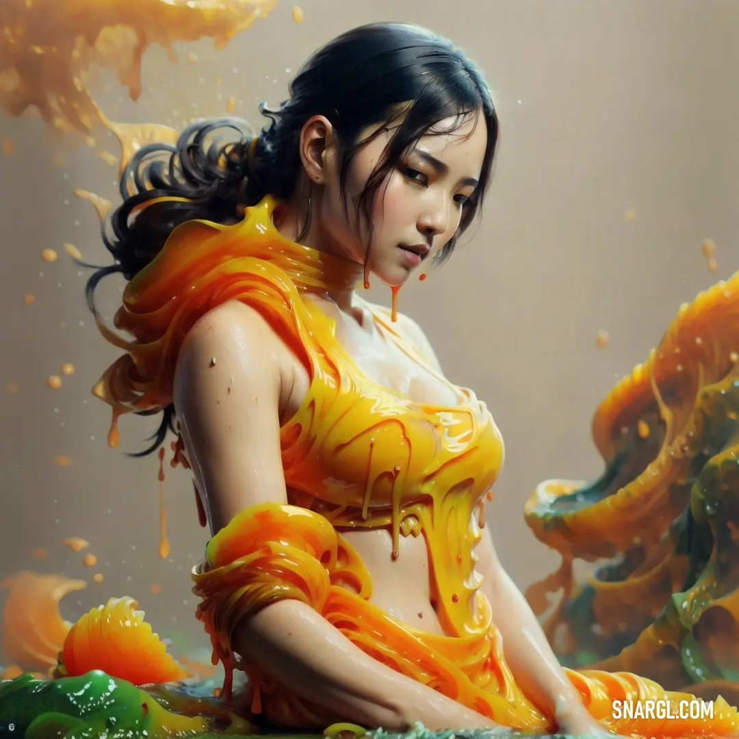 Painting of a woman in a yellow dress with orange paint on her body and hands on her knees. Color #FF8F00.