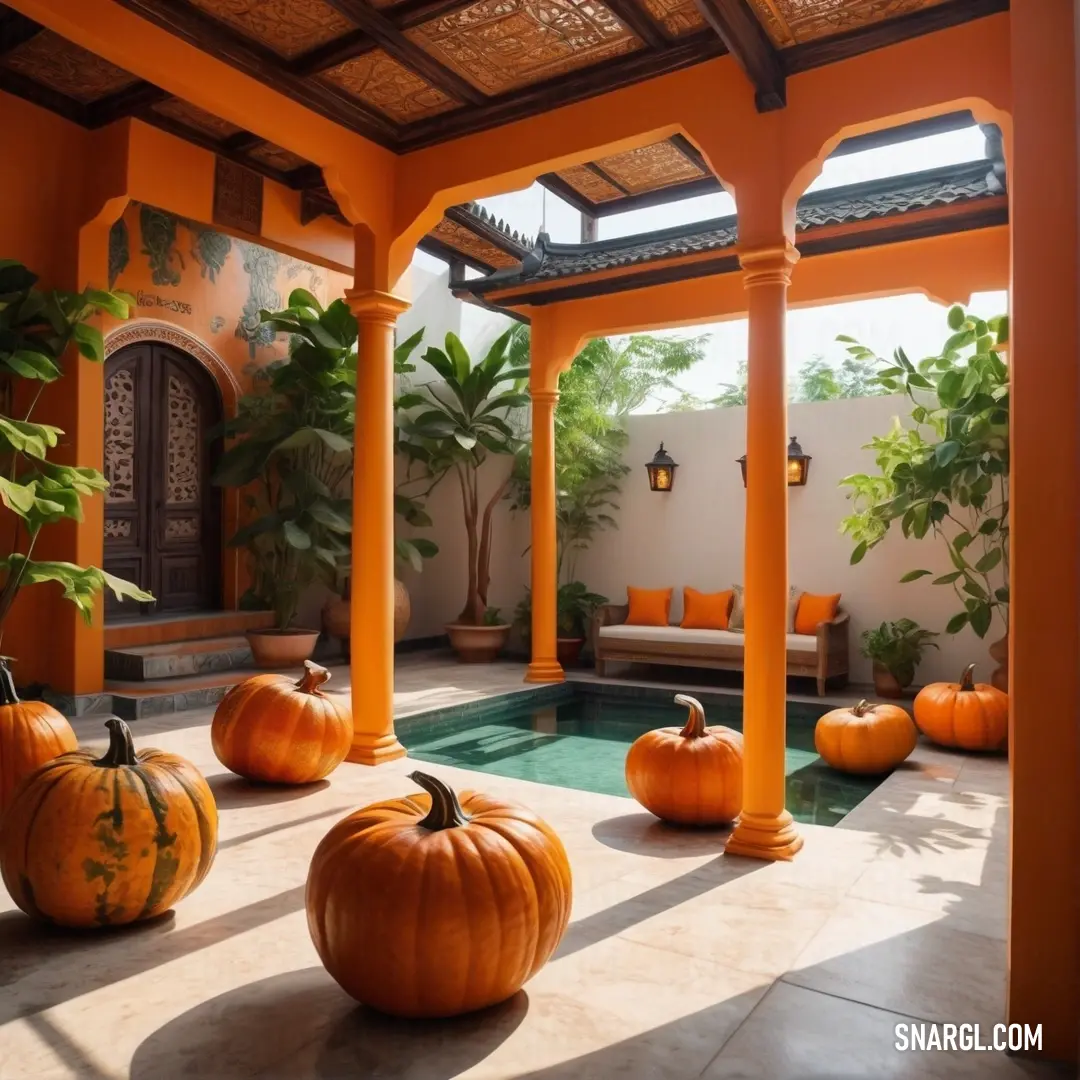 Pool with pumpkins in it and a patio with a pool in the background. Color RGB 255,143,0.