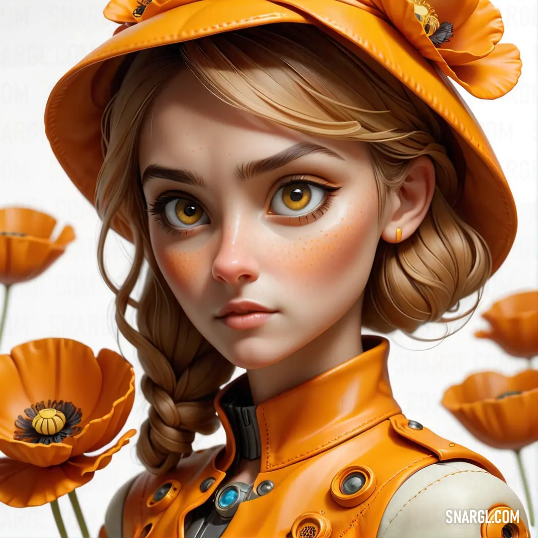 Princeton orange color. Digital painting of a woman with a hat and orange jacket and flowers in the background