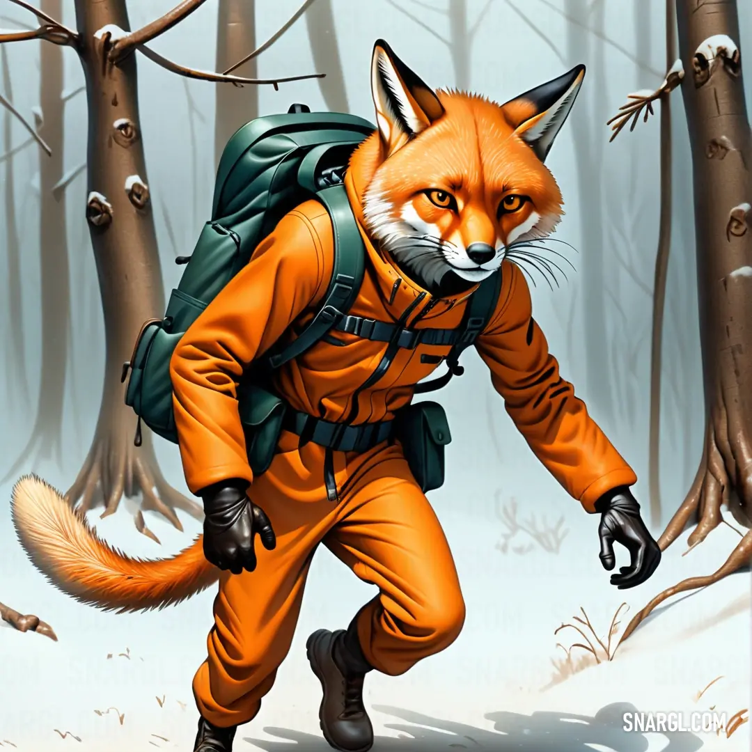 Fox with a backpack is walking through the woods in the snow, with trees in the background. Example of Princeton orange color.